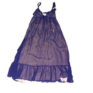 By Francine Midi Dress S Blue Ruffle Flare Lace Beige